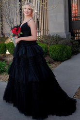 Black Prom Dress A-Line Spaghetti Straps Long Evening Dress
